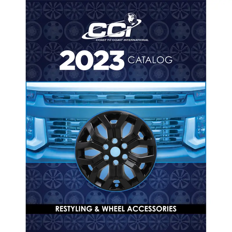 CCI Coast2Coast 2023 Restyling & Wheel Accessories Catalog cover featuring a vehicle grille and a wheel accessory in a modern design.