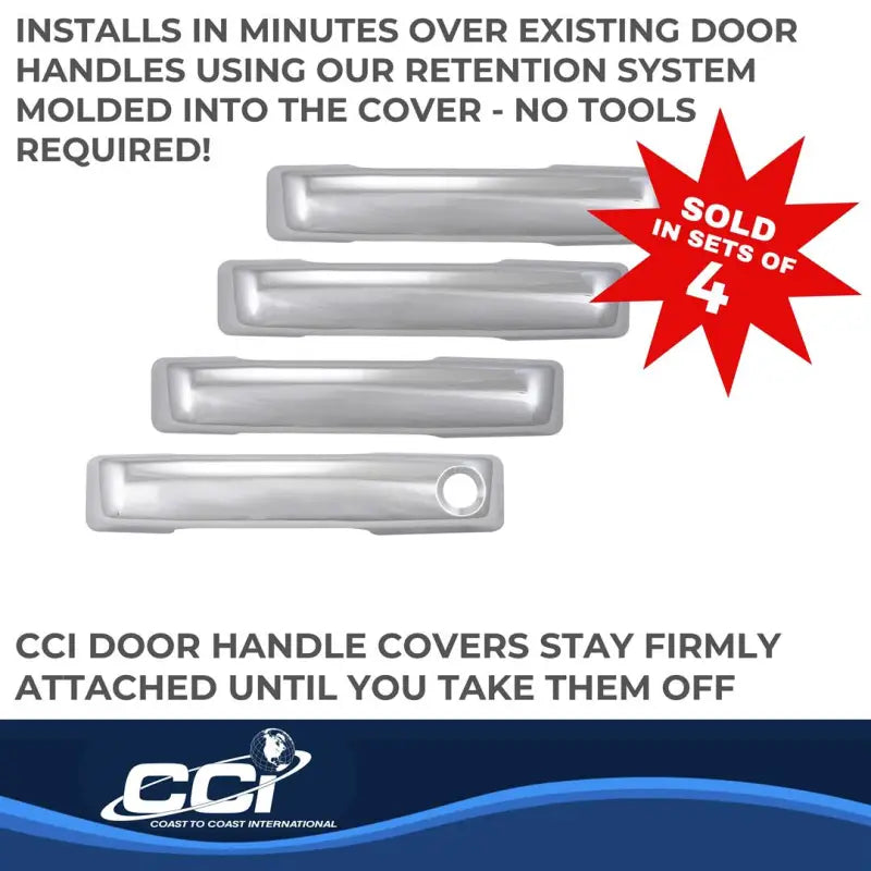 Chrome door handle covers for CCIDH68592B Coast2Coast Dh 21-23 F150-F350 4D, sold in sets of 4, easy install, no tools required.