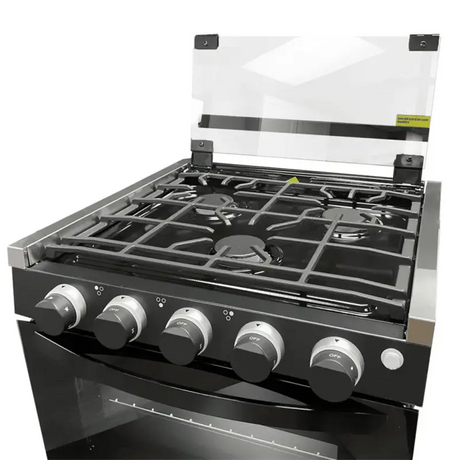 CF-RV17BB Furrion LLC Greystone 17 Inch 2-in-1 Black Gas Range with three burners and an oven, designed for RV kitchens.