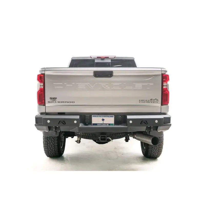 Rear view of a Chevrolet Silverado High Country with the CH20-W4951-1 Fab Fours Premium Rear bumper installed, enhancing protection and style for off-road adventures, Bumpers, Grilles & Guards, AVADA - Best Sellers, Must Haves