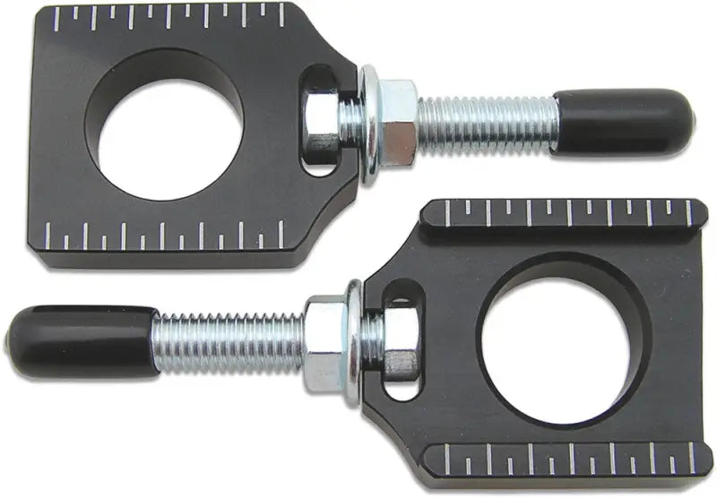 Black anodized billet chain adjuster blocks with threaded bolts for Husqvarna and KTM bikes