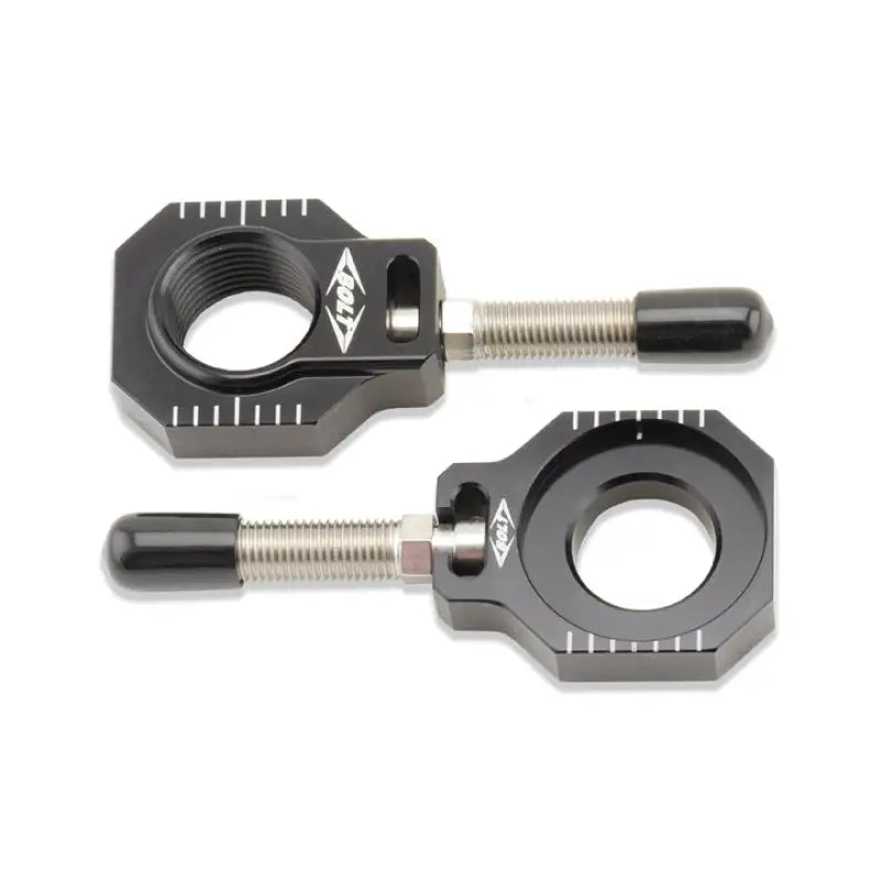 Black anodized billet chain adjuster blocks for Husqvarna and KTM motorcycles