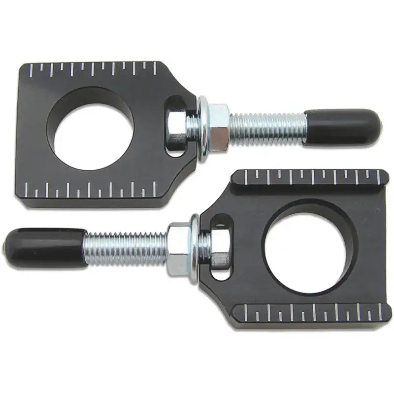 Black anodized billet chain adjuster blocks with threaded bolts for Husqvarna and KTM bikes