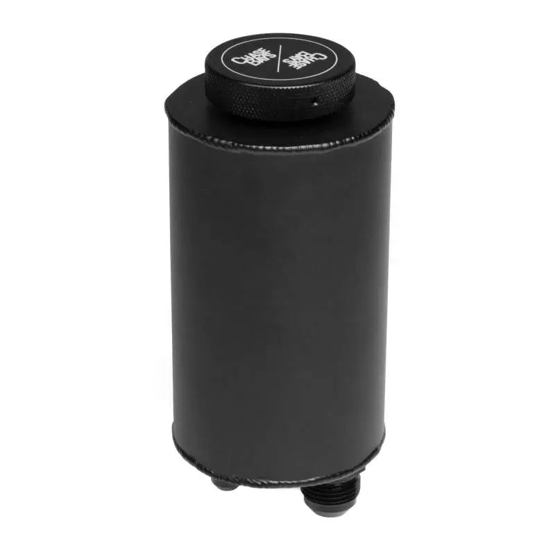 Black cylindrical fluid reservoir with fittings triple baffled for baffled power steering upgrade