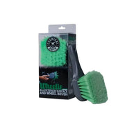 Green wheelie brush with gray handle for cleaning tires, Chemical Guys Wheelie Wheel & Tire Brush