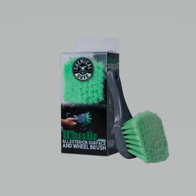 Green wheel cleaning brush from Chemical Guys Wheelie Wheel & Tire Brush case
