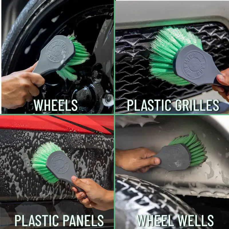 Green-bristled Chemical Guys Wheelie Wheel & Tire Brush for easy cleaning