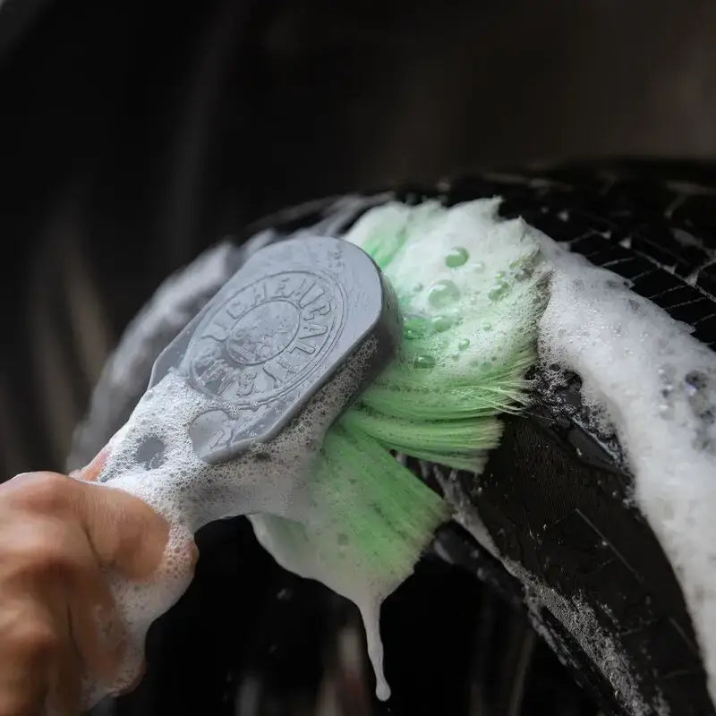 Soapy green brush from Chemical Guys Wheelie Wheel & Tire Brush case of 12