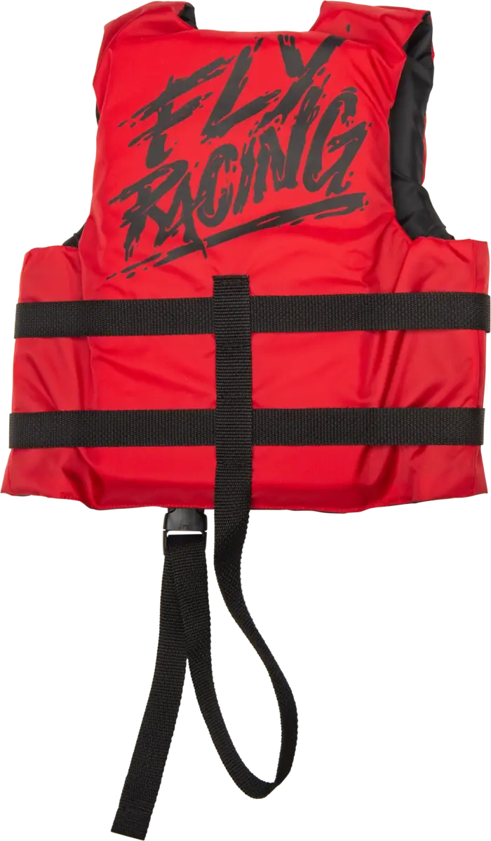Child Flotation Vest Red/Black with Fly Racing design, secure black straps for safety and comfort

