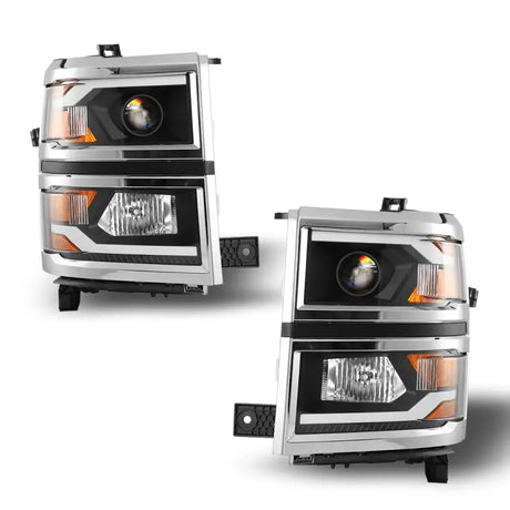 Black and chrome projector headlights with LED DRLs and amber turn signals for Chevy Silverado