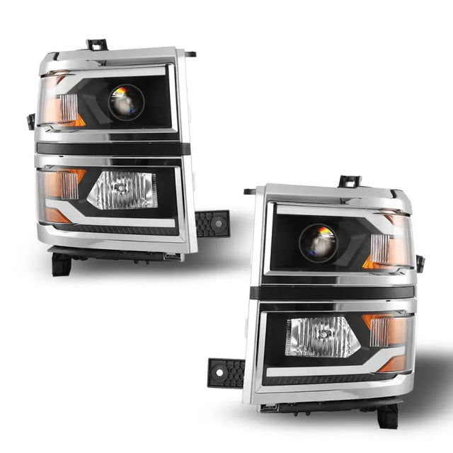 Black and chrome projector headlights with LED DRLs and amber turn signals for Chevy Silverado