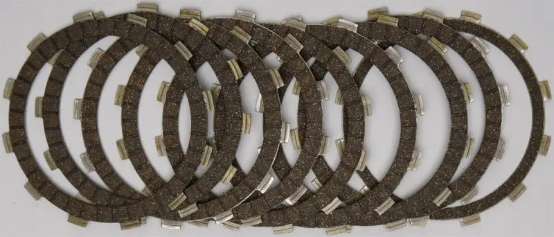 Stack of dark brown clutch plates with silver tabs for CK3447 Redline Clutch Kit
