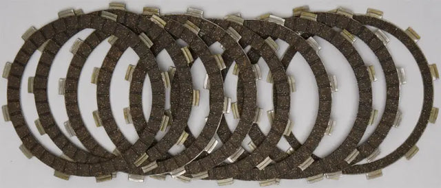 Stack of dark brown clutch plates with silver tabs for CK3447 Redline Clutch Kit