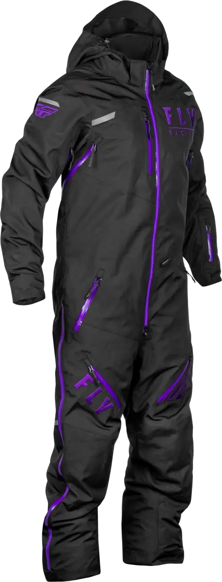 Black snowsuit with purple accents from Cobalt Shell Monosuit for powersports gear