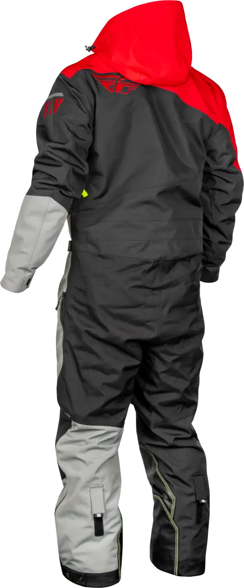 Red-hooded black gray snowsuit from Cobalt Shell Sb Monosuit for powersports adventures