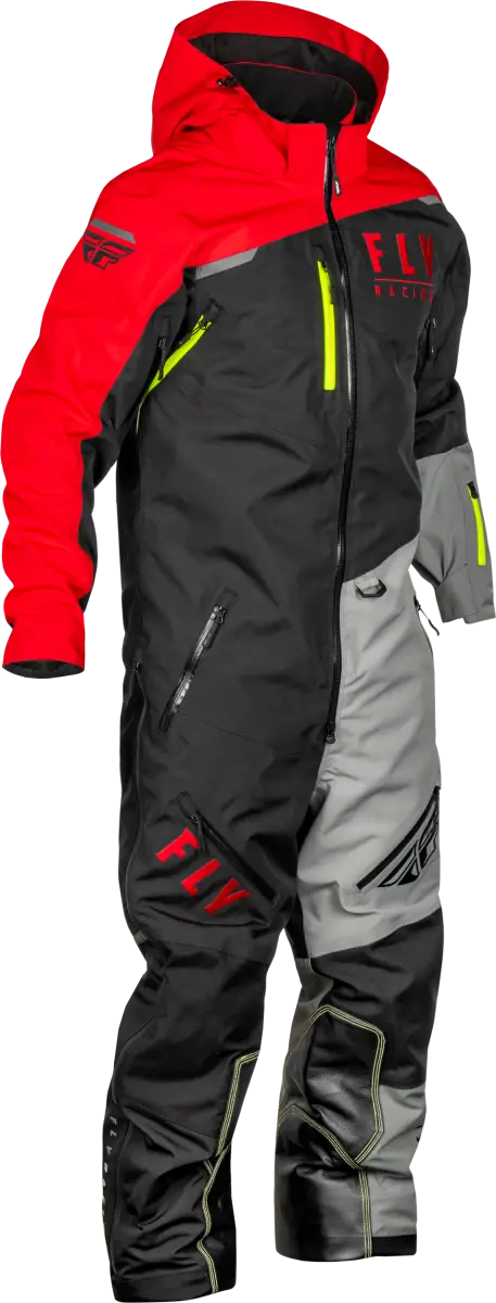 Red, black, and gray snowsuit for powersports, perfect for outdoor adventures