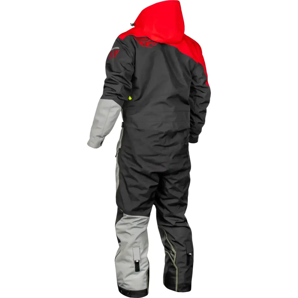Red-hooded black gray snowsuit from Cobalt Shell Sb Monosuit for powersports adventures