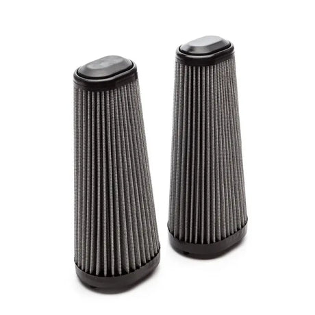 Two cylindrical high flow air filters with black rubber caps for Porsche 981 Cayman