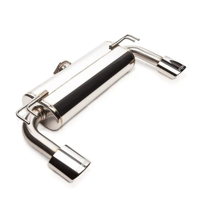 Polished stainless steel dual-tip exhaust muffler on Cobb Mitsubishi Evo X Oval Tip Catback Exhaust