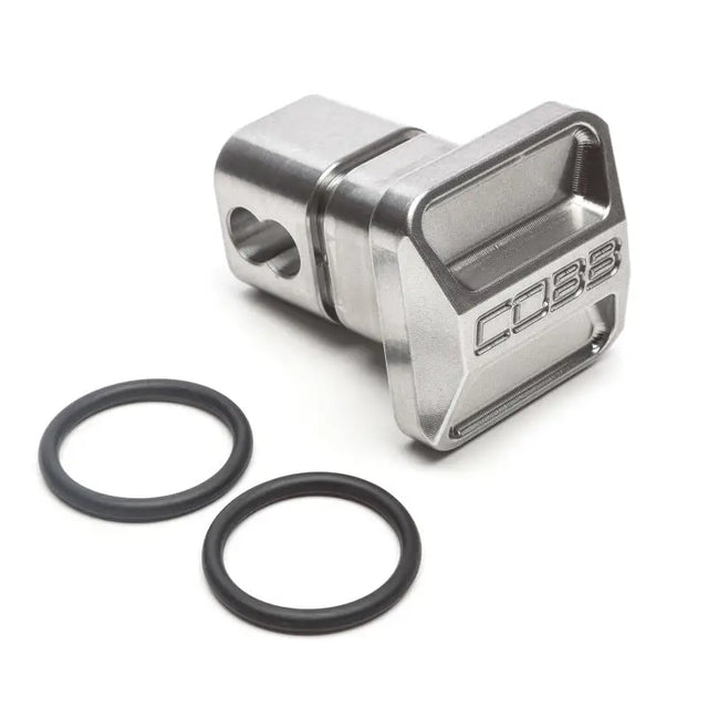 Silver metal block with two black rubber rings for Cobb Universal Clear Hitch Cover