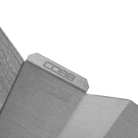 Brushed metal bracket with COBB logo for ABS module 304SS heat shield on VW Golf R