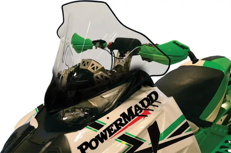 Snowmobile with a clear windshield.