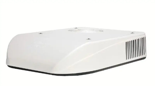White rooftop Coleman RVP air conditioner with cooling capacity and remote control for RV comfort