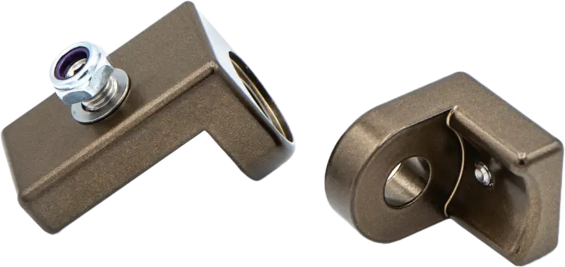 Metallic L-shaped brackets with bolt and nut for Color Bar Mount Bronze, perfect for light mounts and RV or truck parts