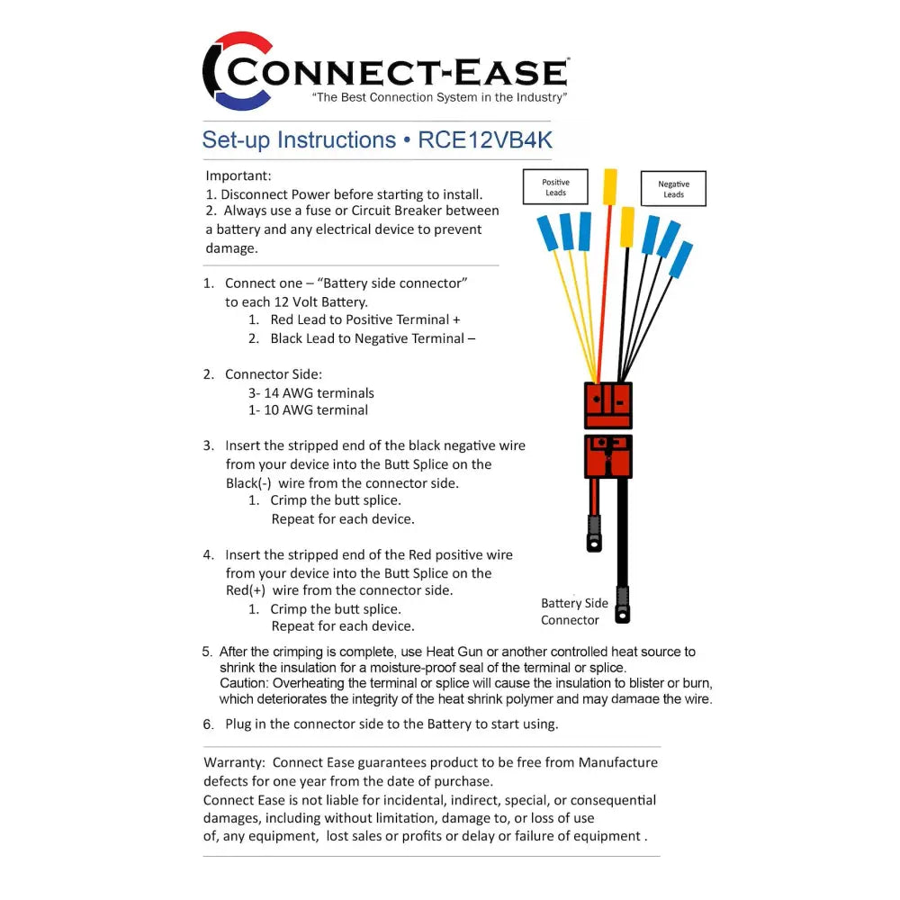 Connect Ease Salt Water Approved Battery Connection Harness RCE12VB4K - 12 Volt NON-Fused Multi