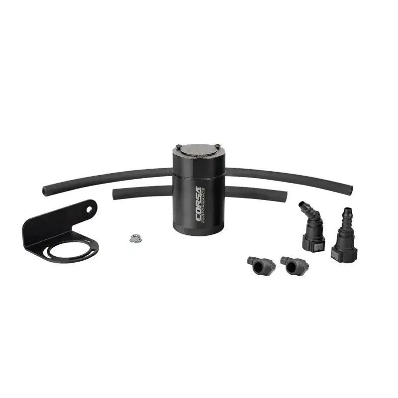 Corsa Performance 19-22 Silverado/Sierra & 21-22 Tahoe/Suburban/Yukon/Denali aluminum oil catch can with bracket, multi-stage oil separation, 6061 aluminum construction, premium automotive-grade hoses, and quick disconnect fittings.