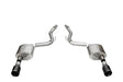 Dual stainless steel exhaust with black PVD tips on a Ford Mustang 2024 GT Sport system