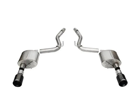 Dual stainless steel exhaust with black PVD tips on a Ford Mustang 2024 GT Sport system