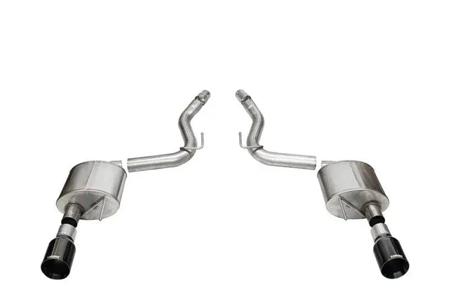 Dual stainless steel exhaust with black PVD tips on a Ford Mustang 2024 GT Sport system