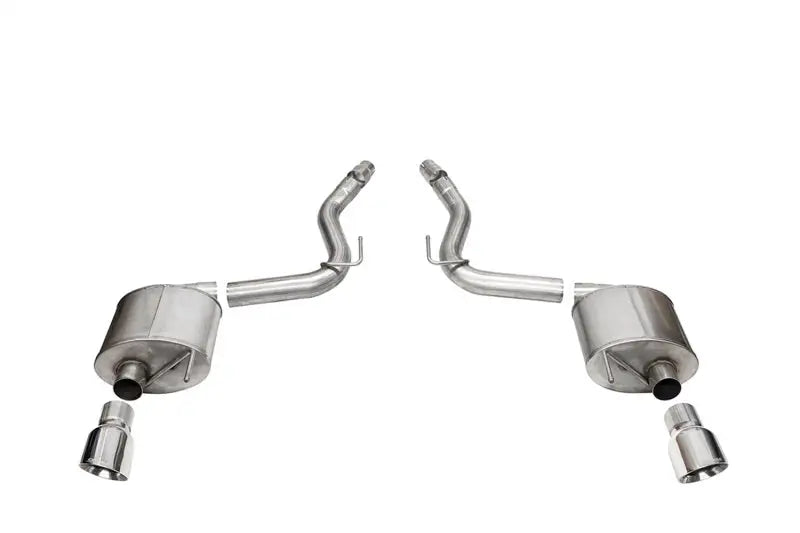 Dual stainless steel dual rear exit exhaust collection on Corsa 2024 Ford Mustang GT