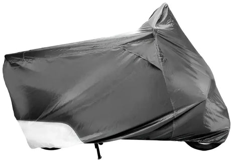 Motorcycle covered with gray tarp using Covermax Medium Cover For 80-200cc