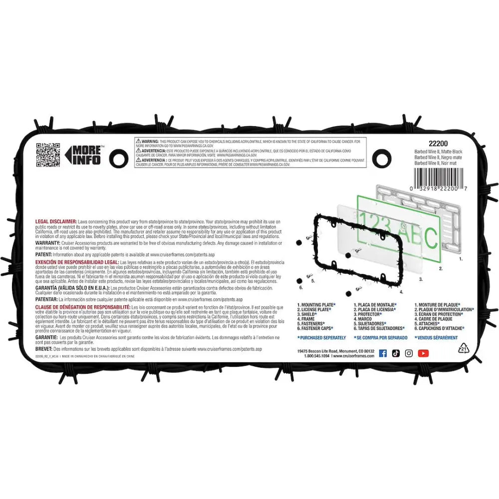 Cruiser No Supplier Warranty License Plate Frame 22200 - Black Barbed Wire
