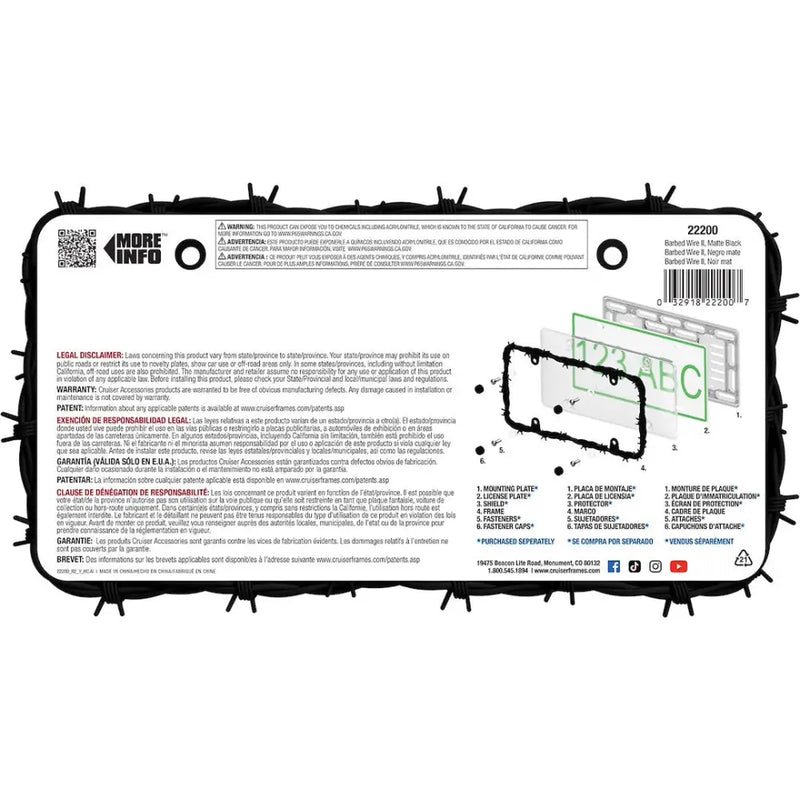 Cruiser No Supplier Warranty License Plate Frame 22200 - Black Barbed Wire
