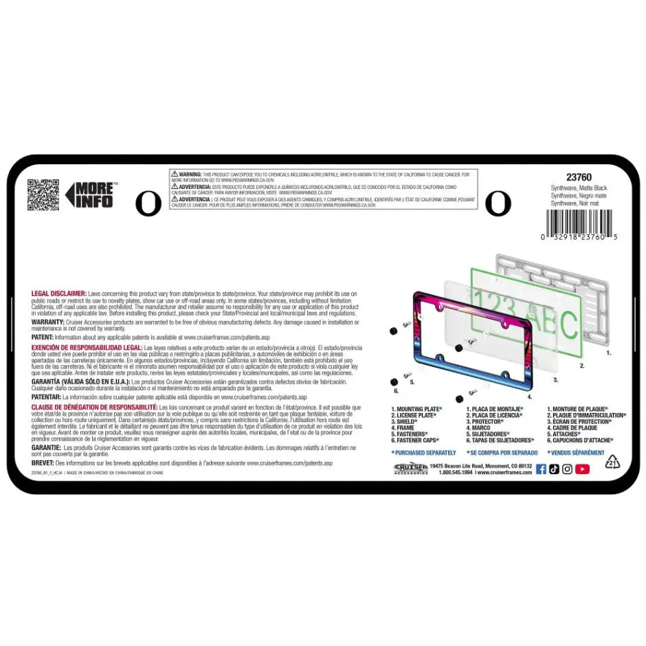 Cruiser Anti-Rust Anti-Bend And Anti-Break License Plate Frame 23760 - Matte Black Synthwave