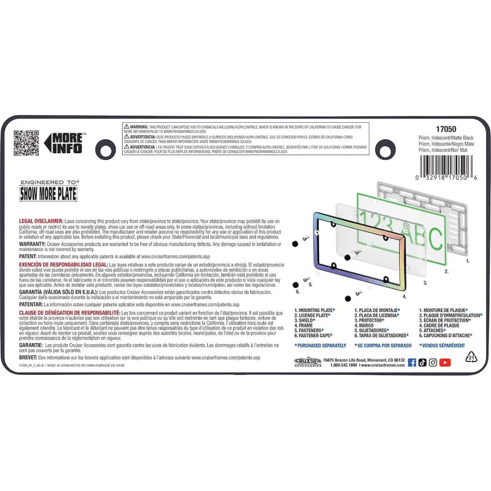 Cruiser UV Resistant To Prevent Fading License Plate Frame 17050 - Matte Black Prism Iridescent