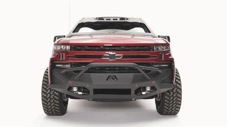 CS19-D4052-1 Fab Fours Vengeance with Prunner installed on a red 2019 Chevy 1500, showcasing enhanced durability, frontal protection, and aggressive rugged appearance.