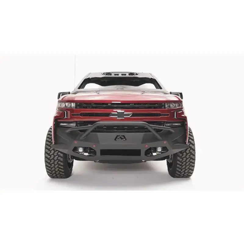 CS19-D4052-1 Fab Fours Vengeance with Prunner installed on a red 2019 Chevy 1500, showcasing enhanced durability, frontal protection, and aggressive rugged appearance.