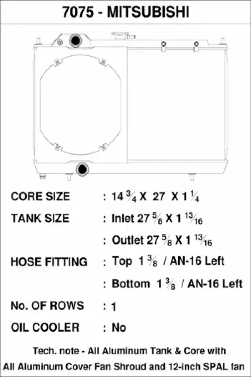 CSF 01-07 Mitsubishi Evo 7/8/9 full-size slim radiator with 12-inch SPAL fan and shroud, adjustable -16AN/slip-on fittings, detailed specifications illustration.