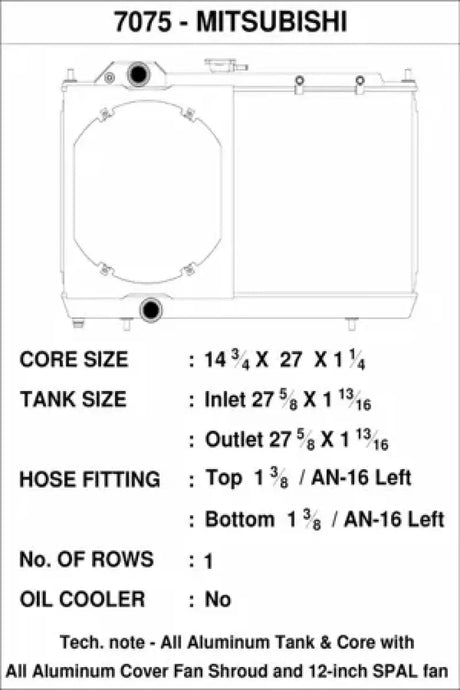 CSF 01-07 Mitsubishi Evo 7/8/9 full-size slim radiator with 12-inch SPAL fan and shroud, adjustable -16AN/slip-on fittings, detailed specifications illustration.
