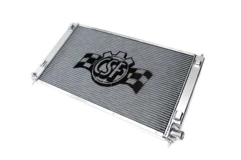 Silver CSF radiator for Mitsubishi Lancer Evo X with black checkered flag