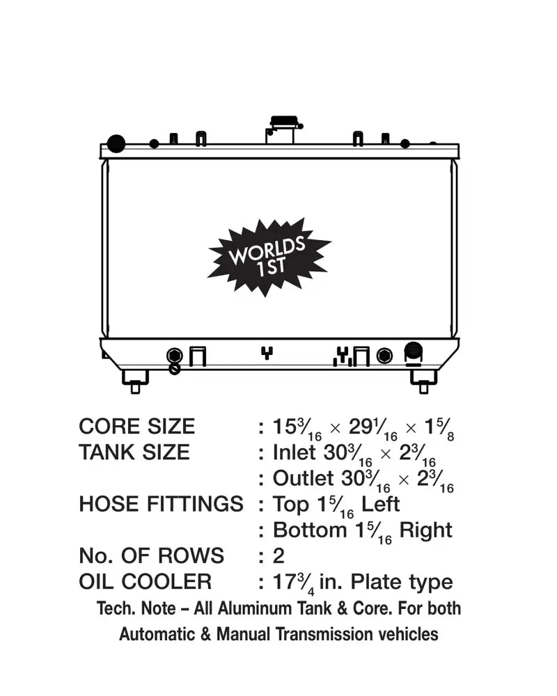 Technical drawing of aluminum chevrolet camaro V8 radiator with dimensions and specs