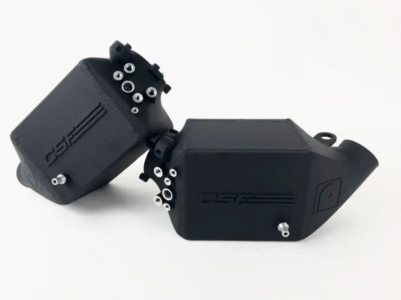 Black angular automotive fluid reservoirs for CSF Twin Charge-Air-Cooler Set in crinkle black