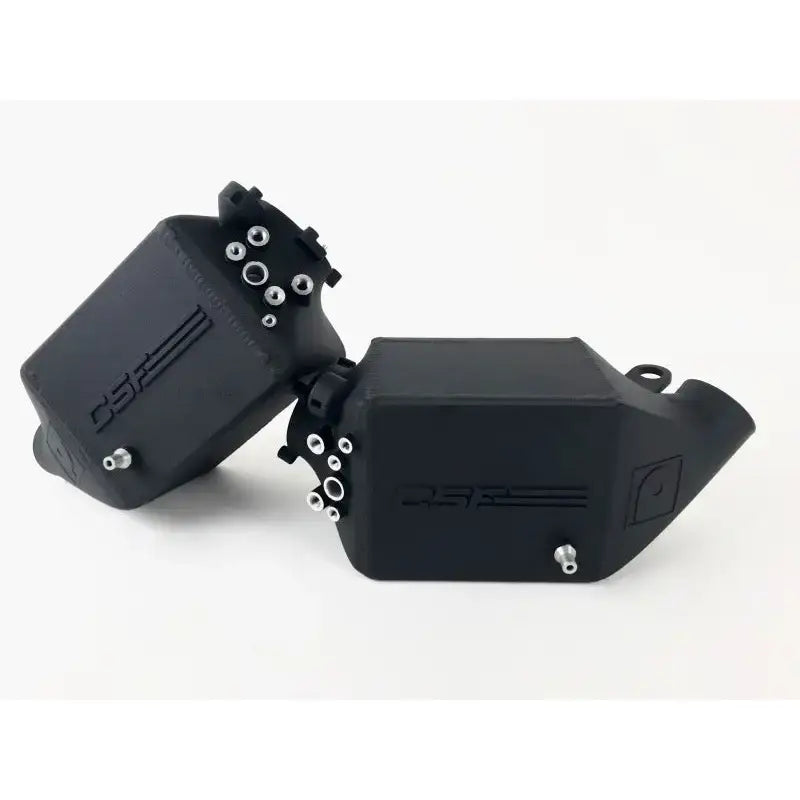 Black angular automotive fluid reservoirs for CSF Twin Charge-Air-Cooler Set in crinkle black