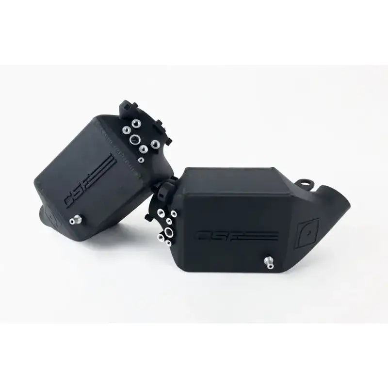 Black angular automotive reservoirs for twin charge-air-cooler set in crinkle black finish