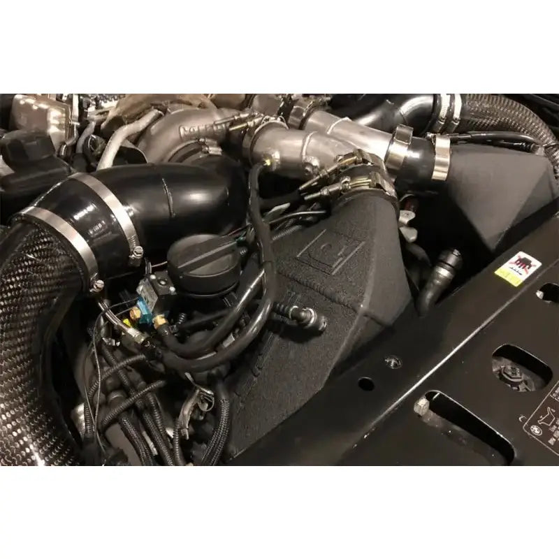 Automobile engine compartment with CSF twin charge-air-cooler set in crinkle black finish