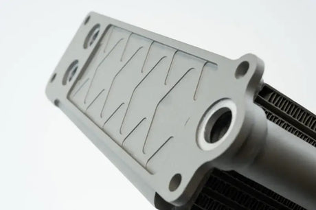 Gray metal heat exchanger for Porsche 911 engine oil cooler with widemouth fitting